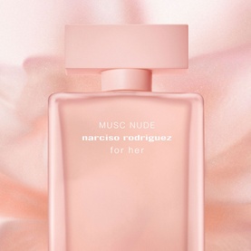 Narciso Rodriguez Musc Nude for Her Eau de Parfum 30ml, soft blush-pink rectangular bottle against draped silk fabric