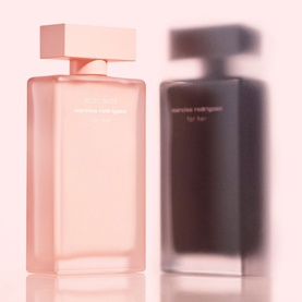 Narciso Rodriguez Musc Nude for Her Eau de Parfum 100ml, blush pink glass bottle with rose gold cap, styled with darker bottle