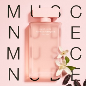 Narciso Rodriguez Musc Nude for Her Eau de Parfum 100ml, pale pink bottle with white florals and dark accents on matching pink background
