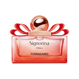 Ferragamo Signorina Unica Eau de Parfum 50ml, red ombre glass bottle with rose gold sphere cap and red bow detail