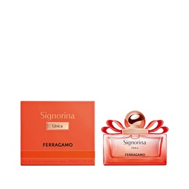 Ferragamo Signorina Unica Eau de Parfum 50ml in coral-red glass bottle with bow cap, shown alongside matching red gift box