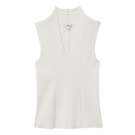Reiss Kimmy Knit Vest in white, sleeveless with deep V-neckline and knitted panelled construction