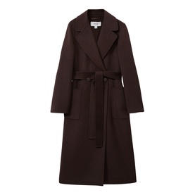 Reiss Lucia Double-Breasted Coat in brown wool blend, oversized notch lapels, self-fabric waist belt, front patch pockets, longline silhouette