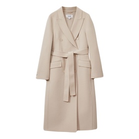 Reiss Maeve Double-Breasted Trench Coat in beige, longline wool-blend with peak lapels, self-fabric waist belt and flap pockets