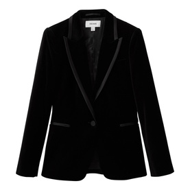 Reiss Parisa Single-Breasted Velvet Blazer in black with satin peak lapels, front button fastening, and side pockets