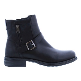 Carl Scarpa Sumaya Biker Boots in black leather with side zip, buckle strap detail, block heel, and cleated sole