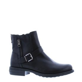 Carl Scarpa Sumaya Biker Boots in black leather with side zip, silver buckle strap detail, block heel, and cleated sole