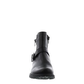 Carl Scarpa Sumaya Biker Boots in black leather, front view showing buckle strap detail, outside zip, round toe and cleated sole