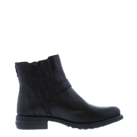Carl Scarpa Sumaya Biker Boots in black leather, ankle height with buckle strap, side zip, and cleated block heel