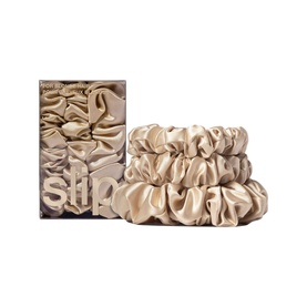 SLIP Pure Silk Back To Basics Assorted Scrunchies in Blonde, set of three mulberry silk scrunchies in varying sizes with packaging