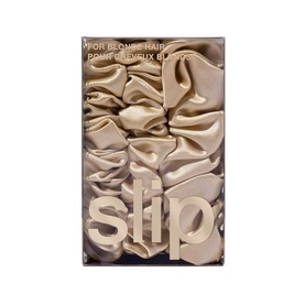 SLIP Pure Silk Back To Basics Assorted Scrunchies in Blonde, set of silk scrunchies in varying sizes, presented in branded box