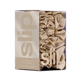 SLIP Pure Silk Back To Basics Assorted Scrunchies in Blonde, three silk scrunchies in varying sizes displayed with branded packaging box