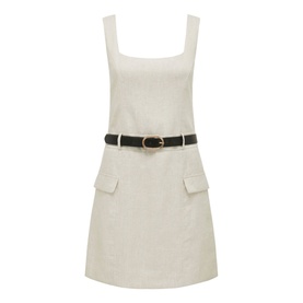 Forever New Charlie Belted Mini Dress in cream linen, square neckline, wide straps, black faux-leather belt, front flap pockets, mini length