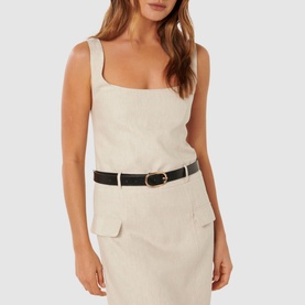 Model wearing Forever New Charlie Belted Mini Dress in cream linen, featuring square neckline, wide straps