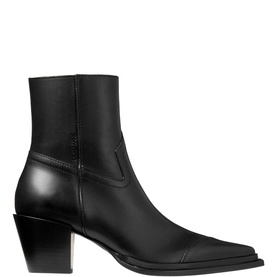 Jimmy Choo Cece 60 Heeled Boots in black leather, pointed toe, block heel, ankle height with side zip fastening