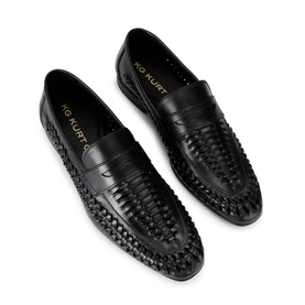 KG by Kurt Geiger Fraser Loafers in black suede with woven braided-effect upper, slip-on style, shown as a pair from above