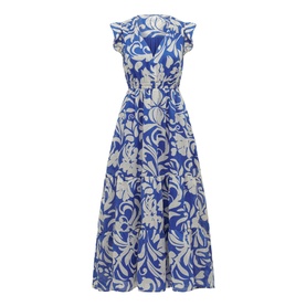 Forever New Florence Floral Dress in blue, V-neckline, frill sleeves, gathered waist, tiered midi skirt with cream floral print