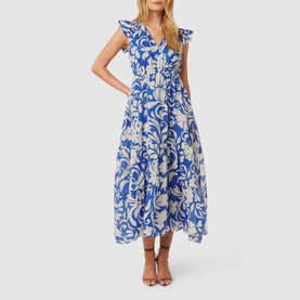 Model wearing Forever New Florence Floral Dress in blue, with V-neckline, frill sleeves, gathered waist and tiered skirt