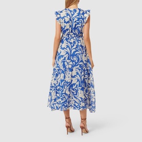Model wearing Forever New Florence Floral Dress in blue floral print, showing frill sleeves