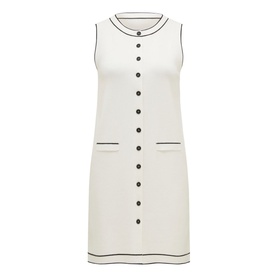 Forever New Molly Tipped Mini Dress in white with black contrast tipping, button placket, round neckline, two front pockets, sleeveless