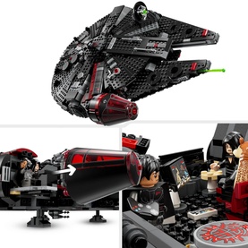 Lego Star Wars The Dark Falcon black buildable starship with red detailing, shown with minifigures and interior cockpit detail