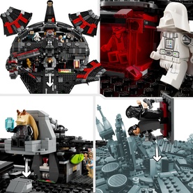 Lego Star Wars The Dark Falcon multi-coloured buildable starship, 1,579 pieces with detailed interior and 6 minifigures shown in four-panel collage