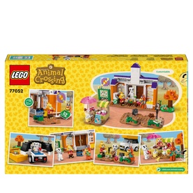 Lego Animal Crossing KK's Concert at the Plaza set 77052, back of box showing town hall, caf&eacute; stand, camper van and minifigures, 550 pieces