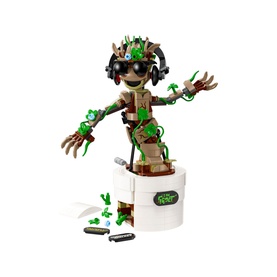 Lego Marvel Dancing Groot building set, multicoloured posable figure with buildable headphones, sunglasses, and white storage base