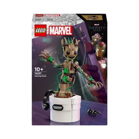 LEGO Marvel Dancing Groot 76297, 459-piece buildable figure with posable arms, movable head, leaves, and accessories, in white pot base