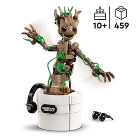 Lego Marvel Dancing Groot 459-piece set with movable arms, buildable headphones, sunglasses, and Guardians of the Galaxy storage base