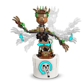 Lego Marvel Dancing Groot buildable figure with posable arms and movable head, shown with motion arrows highlighting articulation points