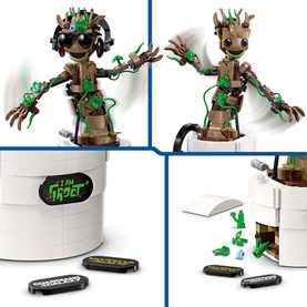 Lego Marvel Dancing Groot buildable figure with posable arms, headphones, sunglasses, nameplates, and storage compartment shown in multi-panel view