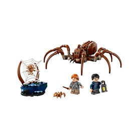 Lego Aragog in the Forbidden Forest set with large posable spider, two Harry Potter minifigures, web build, and forest elements. 195 pieces