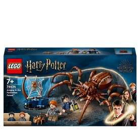Lego Harry Potter Aragog in the Forbidden Forest set 76434, showing box art with large posable Aragog spider, two minifigures and forest build