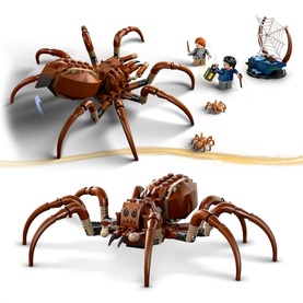 Lego Aragog in the Forbidden Forest set with large posable spider build, small spiders, two Harry Potter minifigures, and web detail