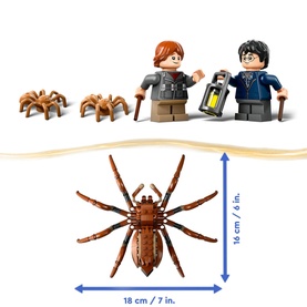 Lego Aragog in the Forbidden Forest set showing large posable Aragog spider figure with size dimensions 18cm x 16cm