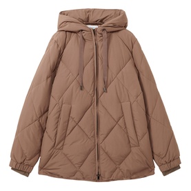 Reiss Thea Diamond Quilted Coat in beige with drawstring hood, zip-through fastening, and elasticated cuffs