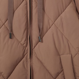 Reiss Thea Diamond Quilted Coat in beige, close-up showing diamond quilt pattern, zip-through fastening and drawstring hood detail