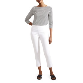 Model wearing Hobbs Giselle Mid-Rise Capri Trousers in white, slim tapered leg with split hem, styled with stripe top and black sandals