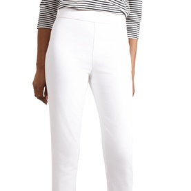 Model wearing Hobbs Giselle Mid-Rise Capri Trousers in white, slim tapered leg with split hem, styled with a striped top