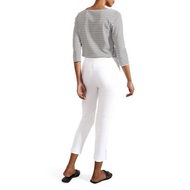 Model wearing Hobbs Giselle Mid-Rise Capri Trousers in white, slim tapered leg with split hem, styled with a navy striped top