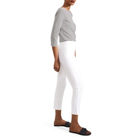 Model wearing Hobbs Giselle Mid-Rise Capri Trousers in white, slim tapered leg with split hem, styled with stripe top and black sandals