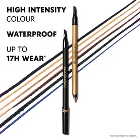 YSL Lines Liberated Eye Liner in 01 Unbridled Black, dual-ended pencil with gold barrel, shown with colour swatches and 17H wear claim
