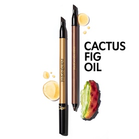 YSL Lines Liberated Eye Liner in 01 Unbridled Black, dual-ended felt-tip pen with cactus fig oil, shown with ingredient imagery
