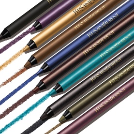 YSL Lines Liberated Eye Liner pencils displayed in multiple shades including black, gold, purple, blue, teal, brown, and olive green