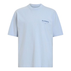 All Saints Access Logo Oversized T-Shirt in blue, round neckline, short sleeves, chest logo print, 100% cotton
