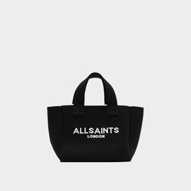 AllSaints Izzy Knitted Mini Tote Bag in black with white jacquard logo, dual top handles, structured silhouette
