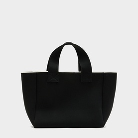 All Saints Izzy Knitted Mini Tote Bag in black, recycled polyester with dual top handles, shown from reverse angle