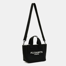 AllSaints Izzy Knitted Mini Tote Bag in black with white jacquard logo, short top handles and detachable adjustable crossbody strap, silver hardware
