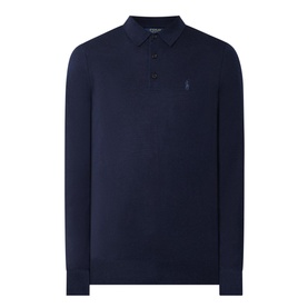 Ralph Lauren Knitted Logo Long-Sleeved Polo Shirt in navy, featuring polo collar, three-button placket and embroidered logo chest detail
